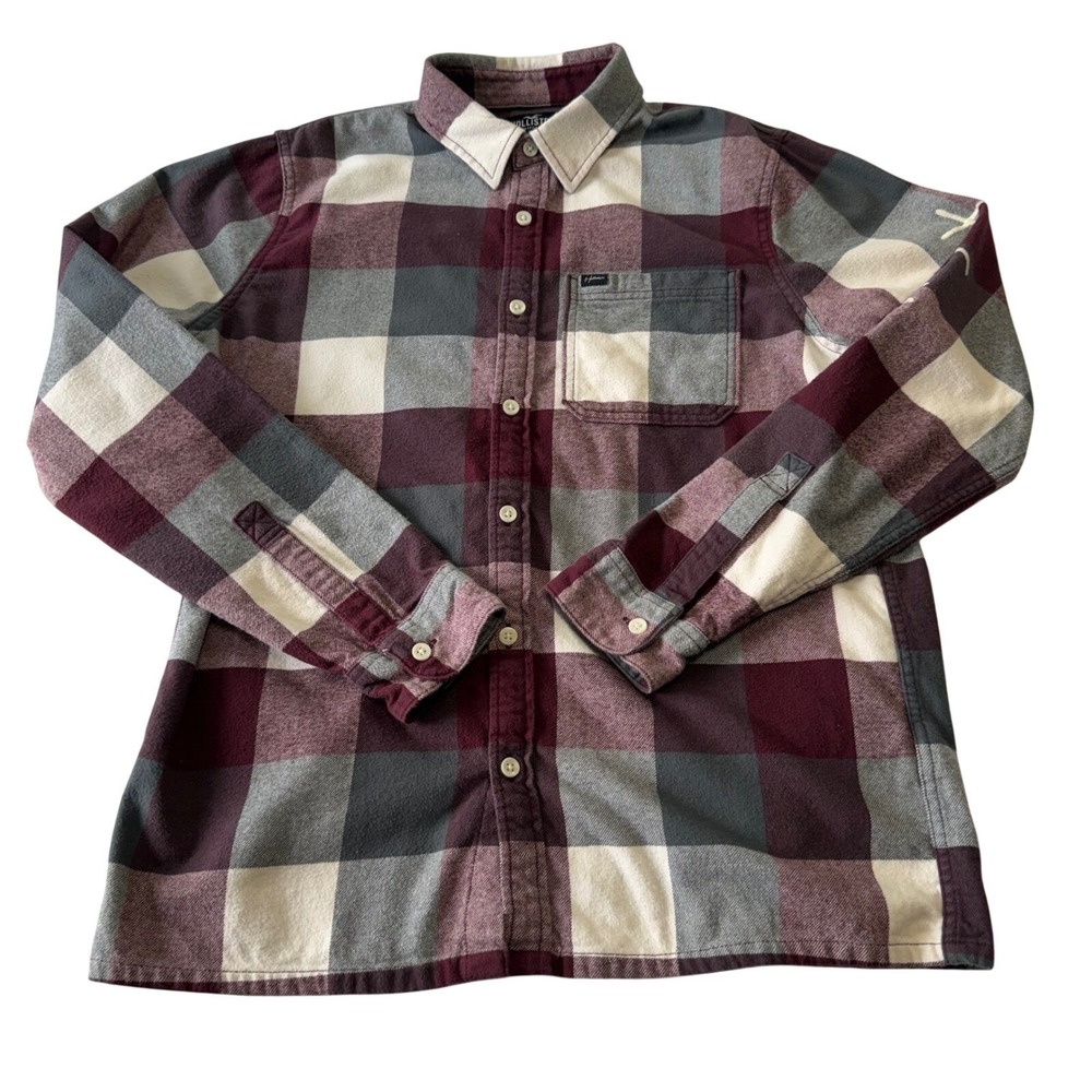 Hollister Grunge Skater Flannel Shirt Burgundy Plaid Long Sleeve Button Up Large